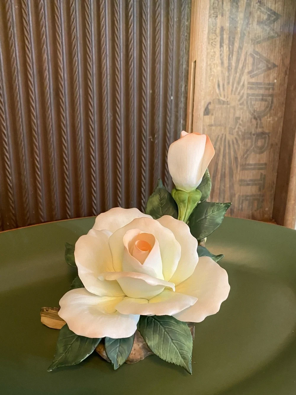 Cream and Pale Pink Faux Rose Accent with Green Leaves - Unbranded